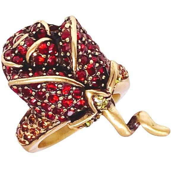 VTG Signed Heidi Daus Red Rose Crystal Gold Tone Elegant Cocktail Ring Romantic - Picture 1 of 13